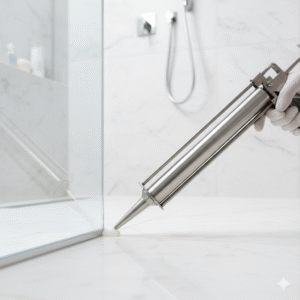 Aplicación profesional de sellador de silicona en marco de ventana de aluminio