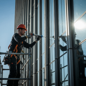 Fachada de vidrio en edificio comercial sellada con silicona estructural